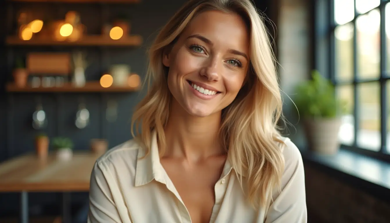 Smiling blonde woman in Brisbane loft with casino cashier atmosphere