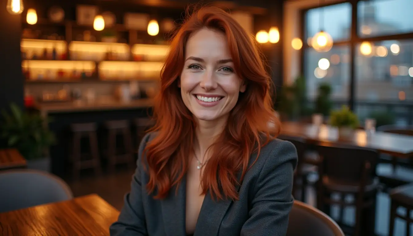 Smiling redhead woman on Melbourne rooftop with online pokies ambience